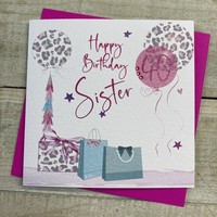 SISTER AGE 40 - LEOPARD PRINT BALLOONS & BAGS CARD (S266-S40)