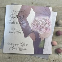 LARGE BROTHER & SISTER IN LAW WEDDING CARD - SUIT & BOUQUET (XVN107-BS)